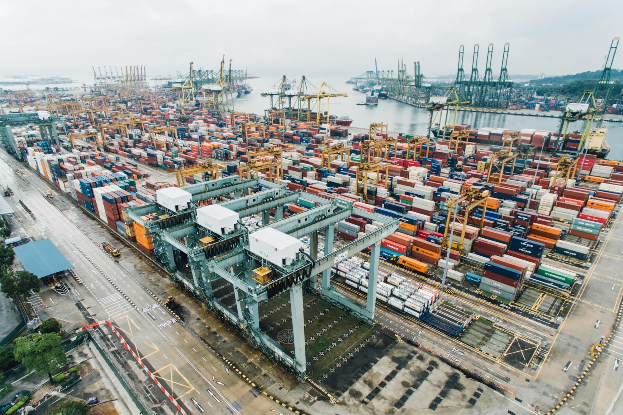 Aerial view of a container port at work