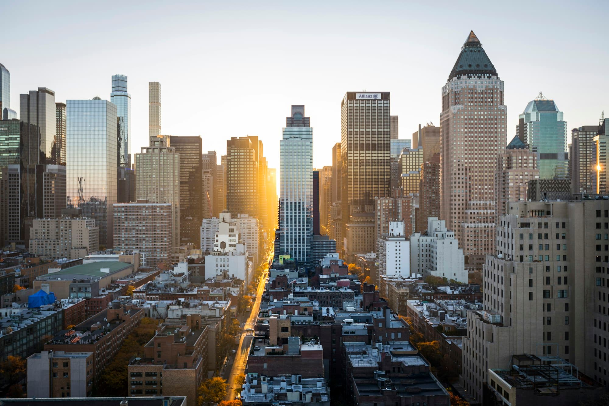 Dense city skyline at golden hour